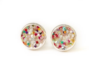 Rainbow Confetti Glitter Earrings, Ladies Stud Earrings, Sparkly Glitter Earrings, Little Girl Earrings, Rainbow Glitter Earrings