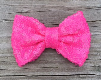 Neon Pink Hair Bow, Fluorescent Pink Sequin Hair Bow, Glitter Bows, Toddler Hair Clip, Sparkly Hair Bows, Neon Pink Glitter Bow, Neon Bows