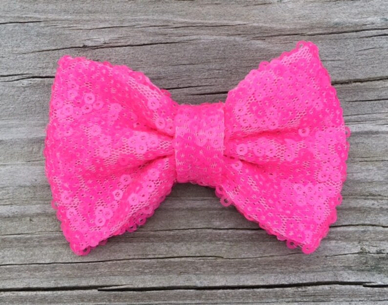 Neon Pink Hair Bow Fluorescent Pink Sequin Hair Bow Glitter Etsy