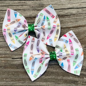 Crayon Pigtail Bows, Back to School Bows, Leather Pigtail Bows, Piggie Hair Bows, Bows for Pigtails, Preschool Hair Bows, Crayon Bows