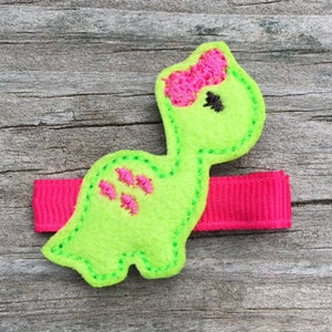 Dino Hair Clip, Dinosaur Hair Clip, Felt Hair Clips, Girl Dino Clip, Dinosaur Hair Bow, Girls Felt Clippies, Pink and Green Dino Clip