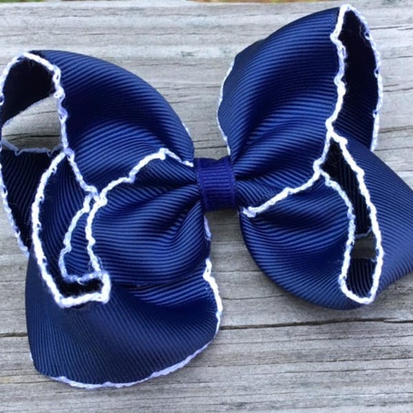 Navy Hair Bow, Navy Moonstitch Hair Bow, Navy and White Hair Bow, Girls Hair Bows, Toddler Hair Bow, Basic Hair Bow, Boutique Hair Bows