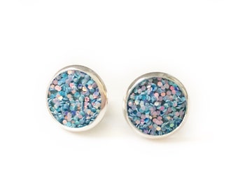 Blue Glitter Stud Earrings, Sparkly Earrings, Blue Glitter Earrings, Ladies Stud Earrings, Sparkly Blue Earrings, Little Girl Earrings