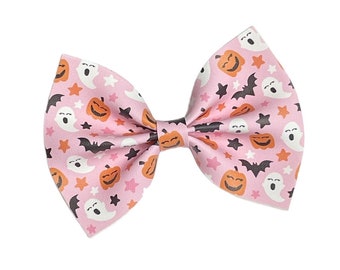 Pink Halloween Bow, Ghosts Bats and Pumpkins Hair Bow, Halloween Barrette, Jack-o-lantern Hair Bow, Halloween Hair Clip, Toddler Hair Bow