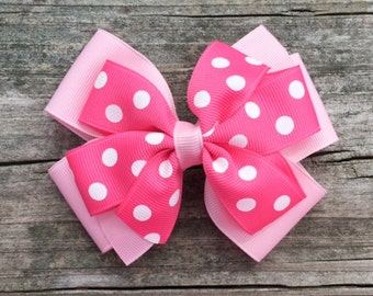 Pink Polka Dotted Hair Bow, Pink and White Hair Bow, Pink Polka Dotted Layered Hair Bow, Girls Hair Bows, Toddler Hair Bow, Pink Hair Bow