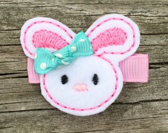 Bunny Hair Clip, Easter Bunny Hair Clip, Pink and Aqua Bunny Hair Clip, Felt Hair Clip, Embroidered Felt Hair Clip, Easter Hair Clip