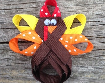 Turkey Hair Clip, Thanksgiving Hair Clip, Turkey Hair Bow, Holiday Hair Clip, Brown Turkey Ribbon Hair Clip, Girls Hair Accessories