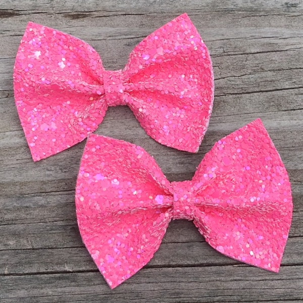 Neon Pink Pigtail Bows, Glitter Bow, Pigtail Bow Set, Piggie Bows, Girls Pigtail Bows, Fluorescent Pink Pigtail Bows, Pink Bow, Toddler Bows