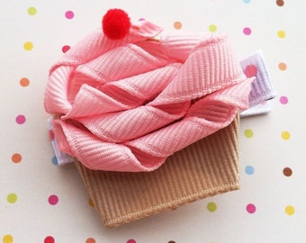 Pink Cupcake Hair Clip, Birthday Girl Hair Clip, First Birthday Hair Bow, Birthday Party Barrette