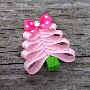 Pink Christmas Tree Hair Clip, Christmas Hair Clips, Toddler Hair Bows, Christmas Tree Ribbon Hair Clip, Girls Hair Accessories image 2