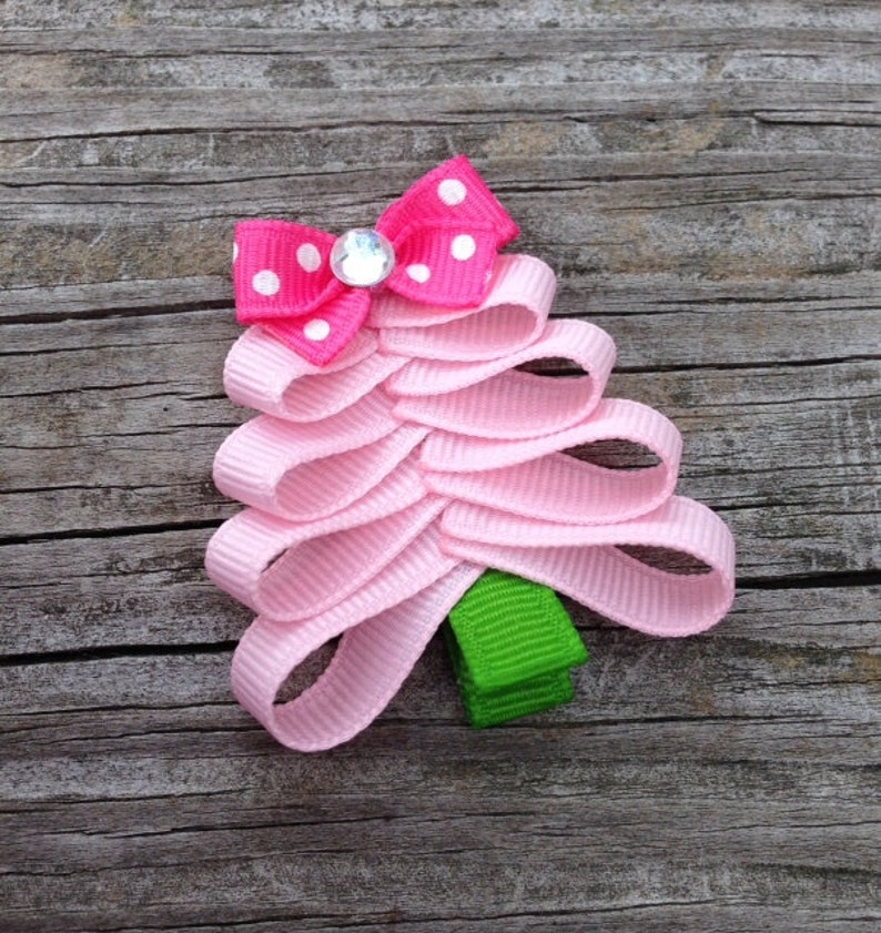 Pink Christmas Tree Hair Clip, Christmas Hair Clips, Toddler Hair Bows, Christmas Tree Ribbon Hair Clip, Girls Hair Accessories image 2
