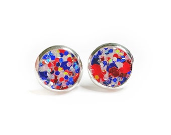 Red White and Blue Earrings, Stud Earrings, Patriotic Earrings, Ladies Earrings, July 4th Jewelry, Sparkly Earrings, Glitter Stud Earrings