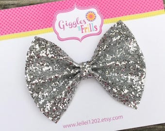 Silver Glitter Hair Bow, Silver Hair Bow, Glitter Bows, Silver Hair Clip, Silver Glitter Bow, Toddler Hair Bow, Girls Silver Bow