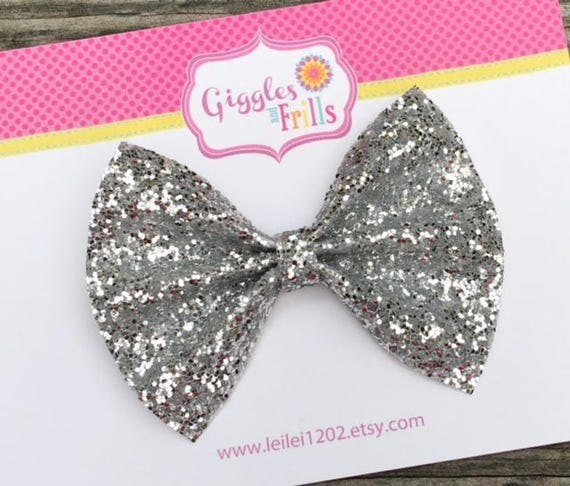 Silver Glitter Hair Bow Silver Hair Bow Glitter Bows Silver Etsy