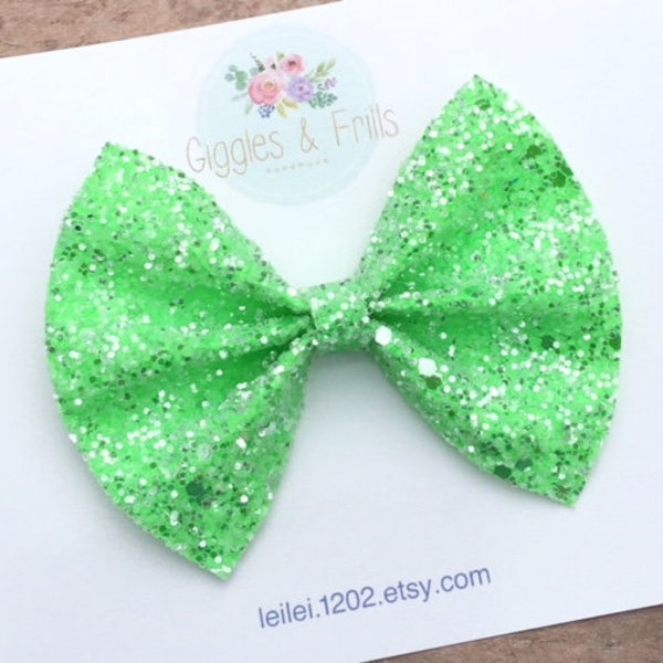 Neon Green Hair Bow, Neon Green Glitter Bow, Glitter Hair Bows, Fluorescent Green Bow, Bright Green Bow, Electric Green Bow, Sparkly Bows