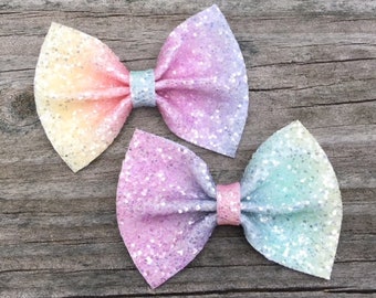 Rainbow Glitter Bow, Pigtail Bows, Piggie Hair Bows, Glitter Bow, Pastel Rainbow Bow, Toddler Hair Bow, Piggie Clips, Rainbow Hair Clip