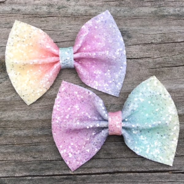 Rainbow Glitter Bow, Pigtail Bows, Piggie Hair Bows, Glitter Bow, Pastel Rainbow Bow, Toddler Hair Bow, Piggie Clips, Rainbow Hair Clip