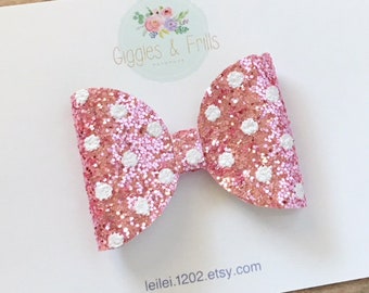 Pink and White Polka Dotted Bow, Glitter Bow, Minnie Mouse Bow, Pink Minnie Bow, Toddler Hair Bow, Minnie Mouse Clip, Minnie Mouse Party