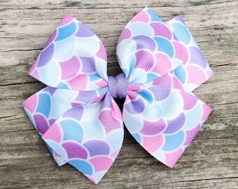 Mermaid Scales Bow, Pink Blue and Purple Mermaid Bow, Mermaid Ribbon Bow, Mermaid Scales Hair Clip, Colorful Mermaid Scales Hair Bow