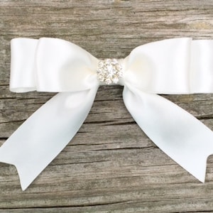 Ivory Satin Hair Bow with Rhinestone Center, Toddler Hair Bow, Hair Clips for Girls, Ivory Hair Bow, Boutique Hair Bows, Flower Girl Bow