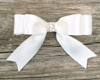Ivory Satin Hair Bow with Rhinestone Center, Toddler Hair Bow, Hair Clips for Girls, Ivory Hair Bow, Boutique Hair Bows, Flower Girl Bow
