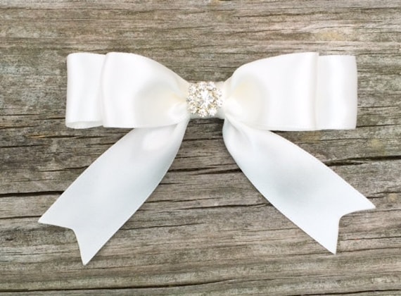 Ivory Satin Hair Bow with Rhinestone Center, Toddler Hair Bow, Hair Clips for Girls, Ivory Hair Bow, Boutique Hair Bows, Flower Girl Bow