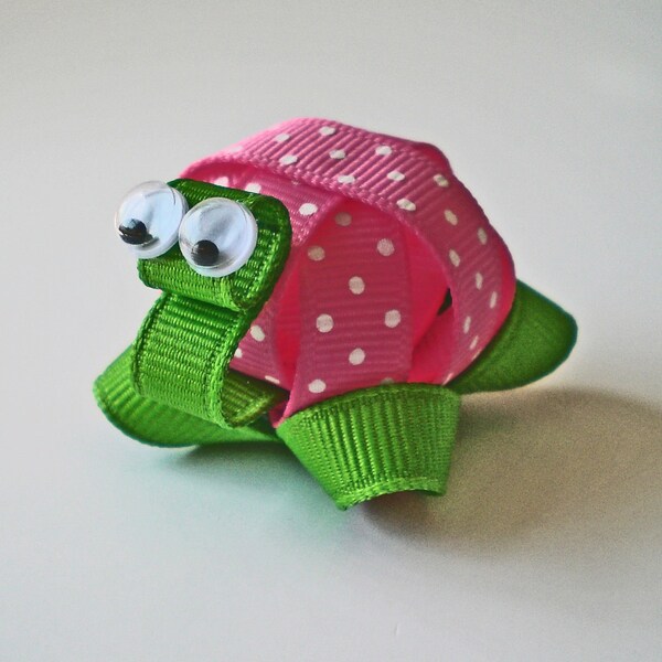 Turtle Hair Clip, Hot Pink Polka Dotted Turtle Hair Clip, Turtle Ribbon Sculpture Hair Clip, Turtle Hair Bow, FREE SHIPPING PROMO