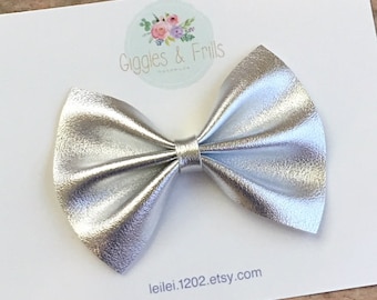 Silver Hair Bow, Metallic Silver Bow, Silver Leather Bow, Shiny Silver Bow, Toddler Hair Bow, Girls Leather Bow, Silver Hair Clip