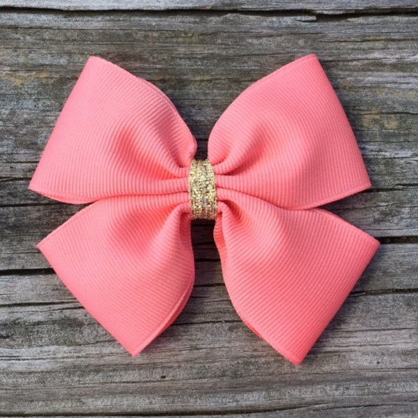 Coral Hair Bow, Coral and Gold Hair Bow, Girls Hair Bows, Toddler Hair Bow, Gold and Coral Bow, Girls Coral Hair Bow, FREE SHIPPING PROMO