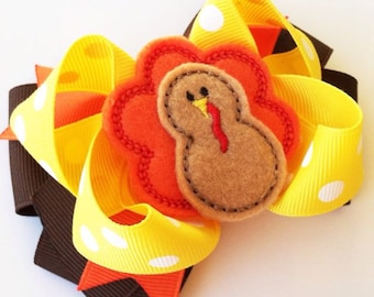 Turkey Hair Bow, Thanksgiving Hair Bow, Girls Turkey Bow, Thanksgiving Hair Clip, Layered Bow, Turkey Ribbon Bow, Toddler Hair Bow
