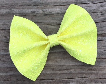 Neon Yellow Glitter Bow, Glitter Hair Bows, Fluorescent Yellow Hair Bow, Bright Yellow Bow, Glitter Bow, Toddler Hair Bow, Yellow Bow