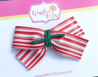 Red and White Striped Bow, Christmas Hair Bow, Peppermint Hair Bow, Holiday Hair Clip, Leather Bows, Peppermint Stripes Bow, Christmas Bow