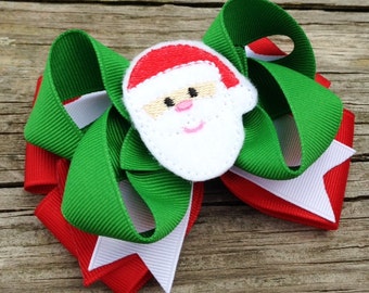 Santa Hair Bow, Christmas Hair Bow, Red and Green Santa Claus Layered Hair Bow, Holiday Hair Bow, Boutique Hair Bow, Girls Hair Bows