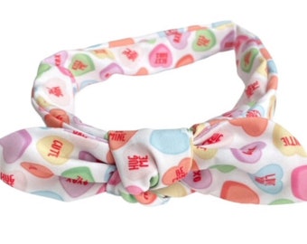 Candy Heart Headband, Knotted Headband, Valentine Headband, Fabric Headband, Conversation Hearts Headband, Girls Headband, Bow Headband