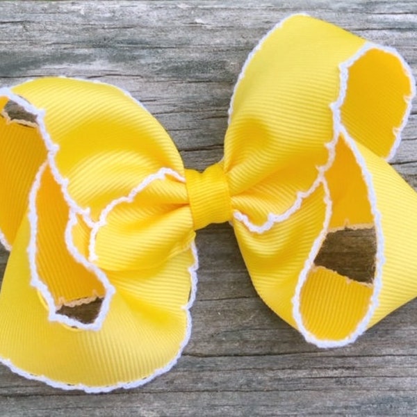 Yellow Moonstitch Bow, Yellow and White Bow, Yellow Boutique Hair Bow, Toddler Bow, Bright Yellow Bow, White and Yellow Hair Bow