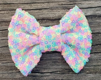 Pastel Sequin Bow, Pastel Rainbow Bow, Toddler Hair Bow, Sparkly Hair Bows, Spring Hair Bow, Colorful Hair Bow, Girls Pastel Bow, Girls Bow