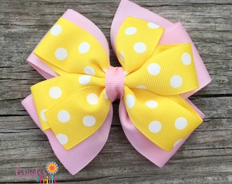 Pink and Yellow Hair Bow, Pink Lemonade Bow, Girls Hair Bow, Toddler Hair Bow, Pink and Yellow Polka Dot Layered Hair Bow