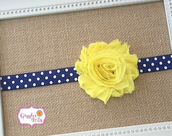 Diadema azul marino y amarillo, venda del bebé, diadema de flor amarilla, venda de niño, infantil amarillo y Marina de la venda, venda recién