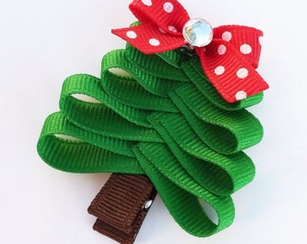 Christmas Tree Hair Clip, Christmas Tree Hair Bow, Girls Christmas Bow, Holiday Hair Bow, Red and Green Hair Bow