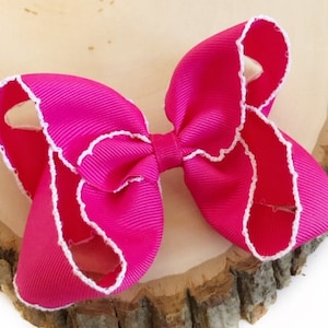 Hot Pink Moonstitch Bow, Hot Pink Bow, Girls Hot Pink Bow, Bright Pink Bow, Moonstitch Bows, Hot Pink and White Bow, Bright Pink Hair Bow