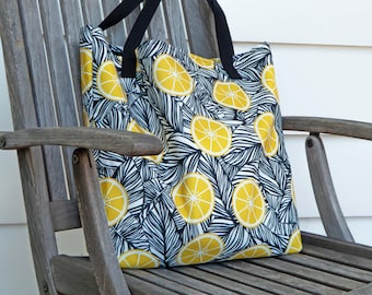 Bolsa de praia com estampa de limão, bolsa de verão em poliéster resistente à água.