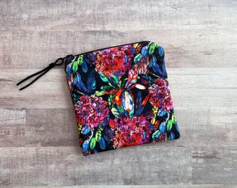 Tropical Floral Zippered Pouch (MEDIUM 6x6.5); Cosmetic Bag, Travel Organizer; Black Zipper with Blue Lining
