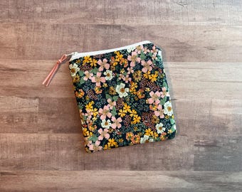 Claire Floral Zippered Pouch (MEDIUM 6x6.5); Cosmetic Bag, Travel Organizer; with White Zipper and Pink Lining