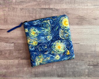 Starry Night Zippered Pouch (MEDIUM 6x6.5); Cosmetic Bag, Travel Organizer; Black Zipper with Yellow Lining