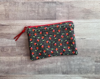 Retro Cherry Print Zippered Pouch: Small Cosmetic Bag, Coin Purse (6.25x4.5") with Red Zipper and Pink Polka Dot Lining.