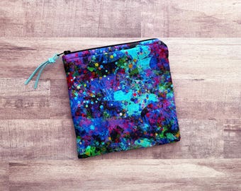 Blue Art Splatter (Black Zipper & Teal Lining) Lined Zippered Pouch MEDIUM 6x6.5 / Cosmetic Bag / Travel Organizer