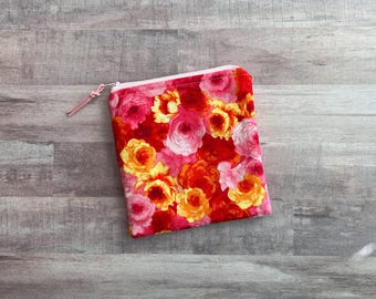 Katie Floral Zippered Pouch (MEDIUM 6x6.5); Cosmetic Bag, Travel Organizer; with Pink and White Polka Dot Lining