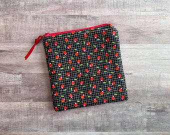 Retro Cherry Zippered Pouch; MEDIUM 6x6.5; Cosmetic Bag, Travel Organizer; Red Zipper with Pink Polka Dot Lining