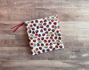Cherry Berry Zippered Pouch (MEDIUM 6x6.5); Cosmetic Bag, Travel Organizer; with White Zipper and Pink Lining