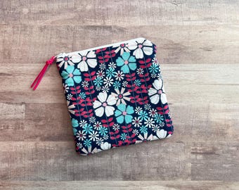 Jenny Floral Zippered Pouch (MEDIUM 6x6.5); Cosmetic Bag, Travel Organizer; with White Zipper and Teal Lining